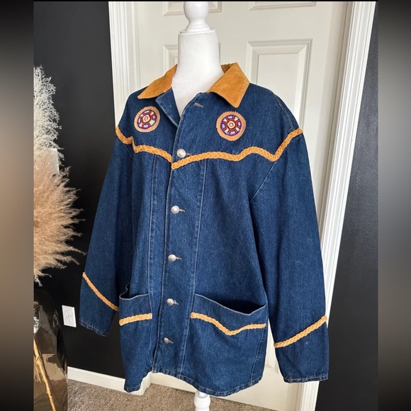 Frontier Collection Phoenix USA Denim Beaded Leather detail Chore Coat sz Large - Picture 6 of 12